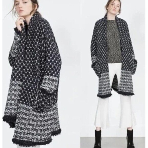 Zara Sweater CoatIigan Blue White Oversized Jacquard Fringe Open Duster boho - Picture 1 of 12